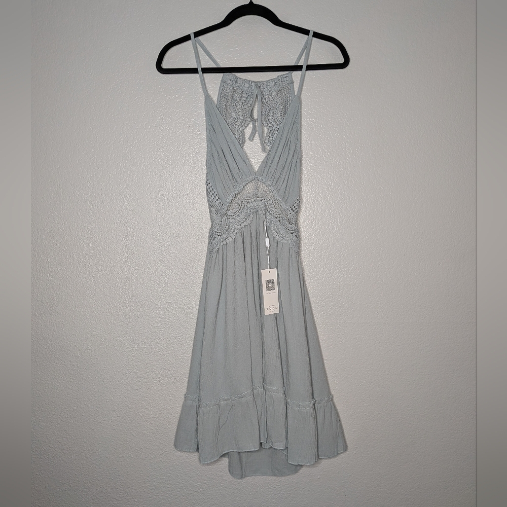 Light sage Crochet-Accent Midi Dress with Spaghetti Straps